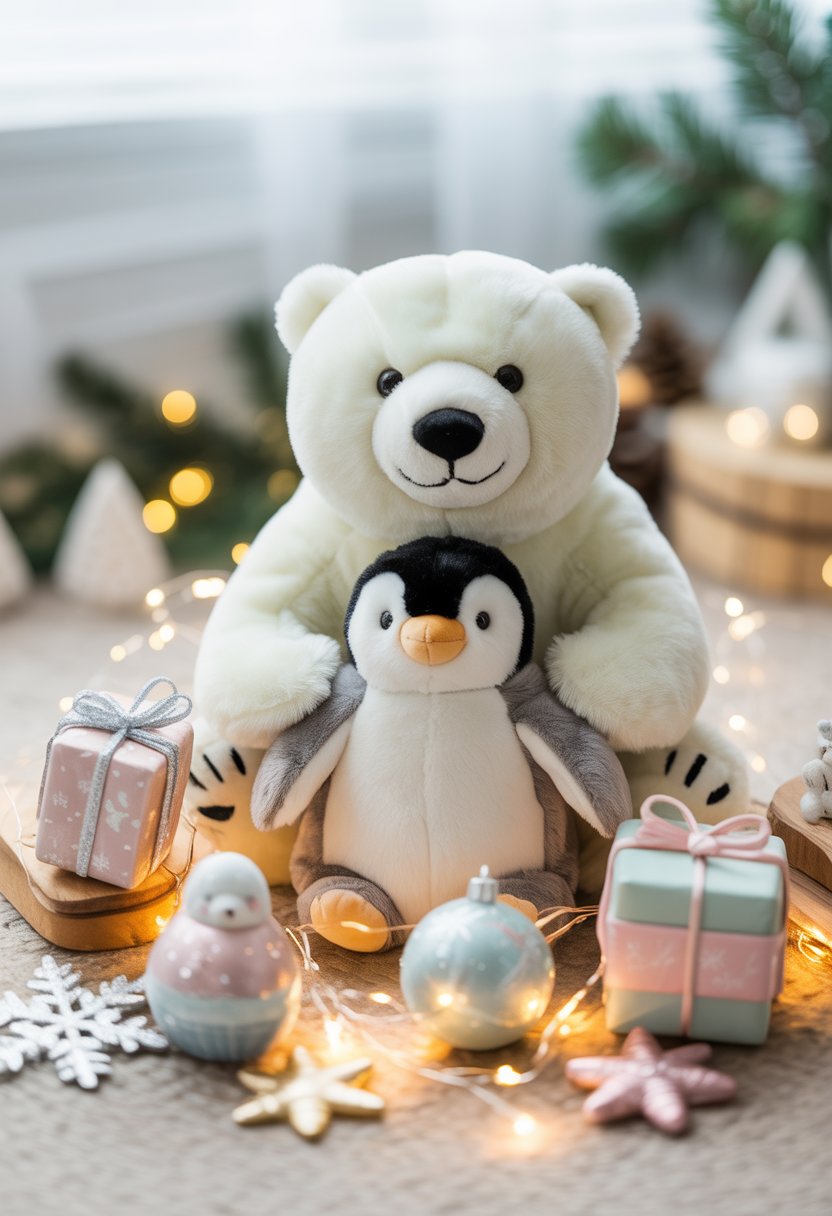 Polar bear and penguin plush toys displayed with Christmas-themed baby shower decorations including gifts, ornaments, and fairy lights.